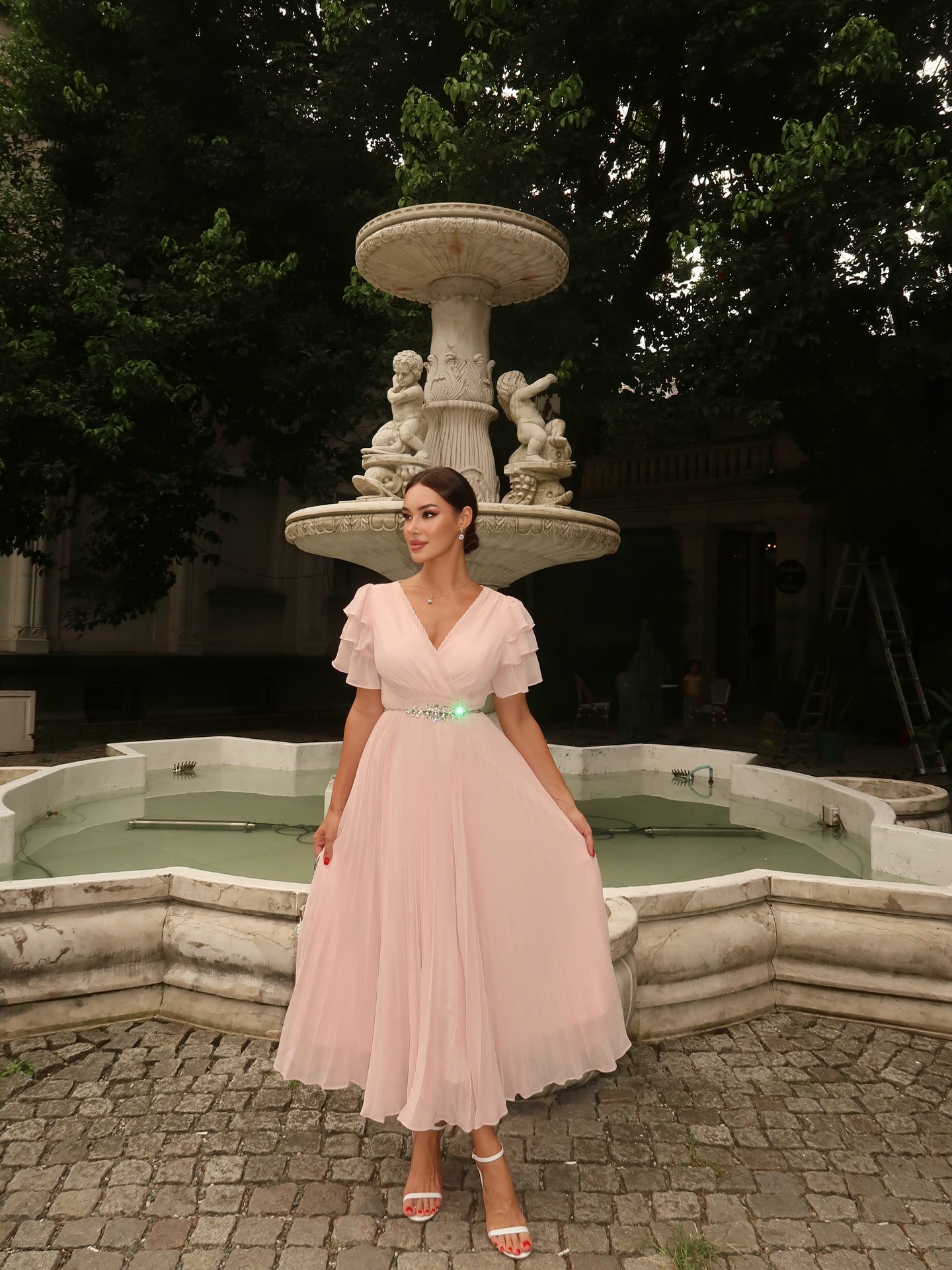 Pink Pleated Rhinestone Chiffon Dress