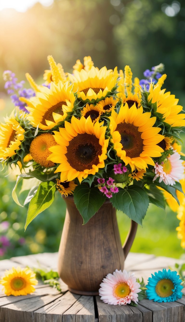 A bright and cheerful sunflower bouquet surrounded by an assortment of vibrant summer flowers in a rustic, wooden vase
