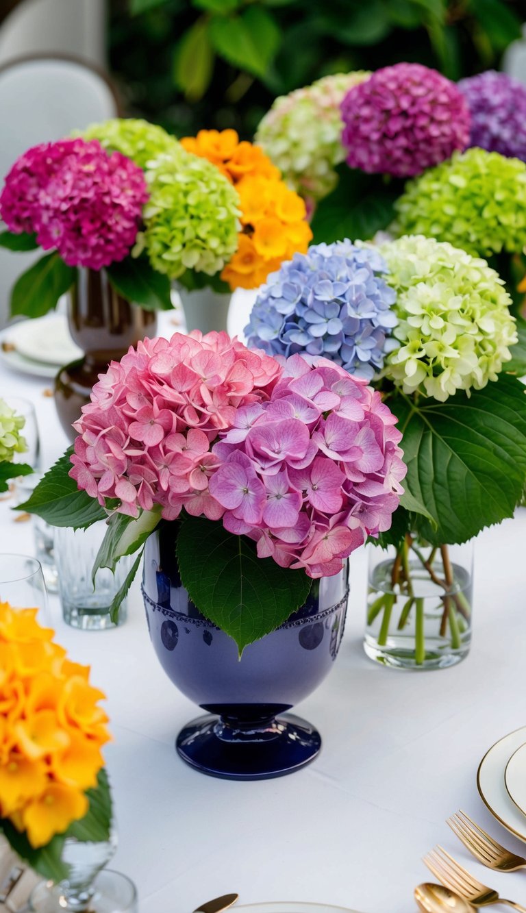A table adorned with a variety of colorful hydrangeas arranged in vases of different shapes and sizes, complemented by lush green foliage