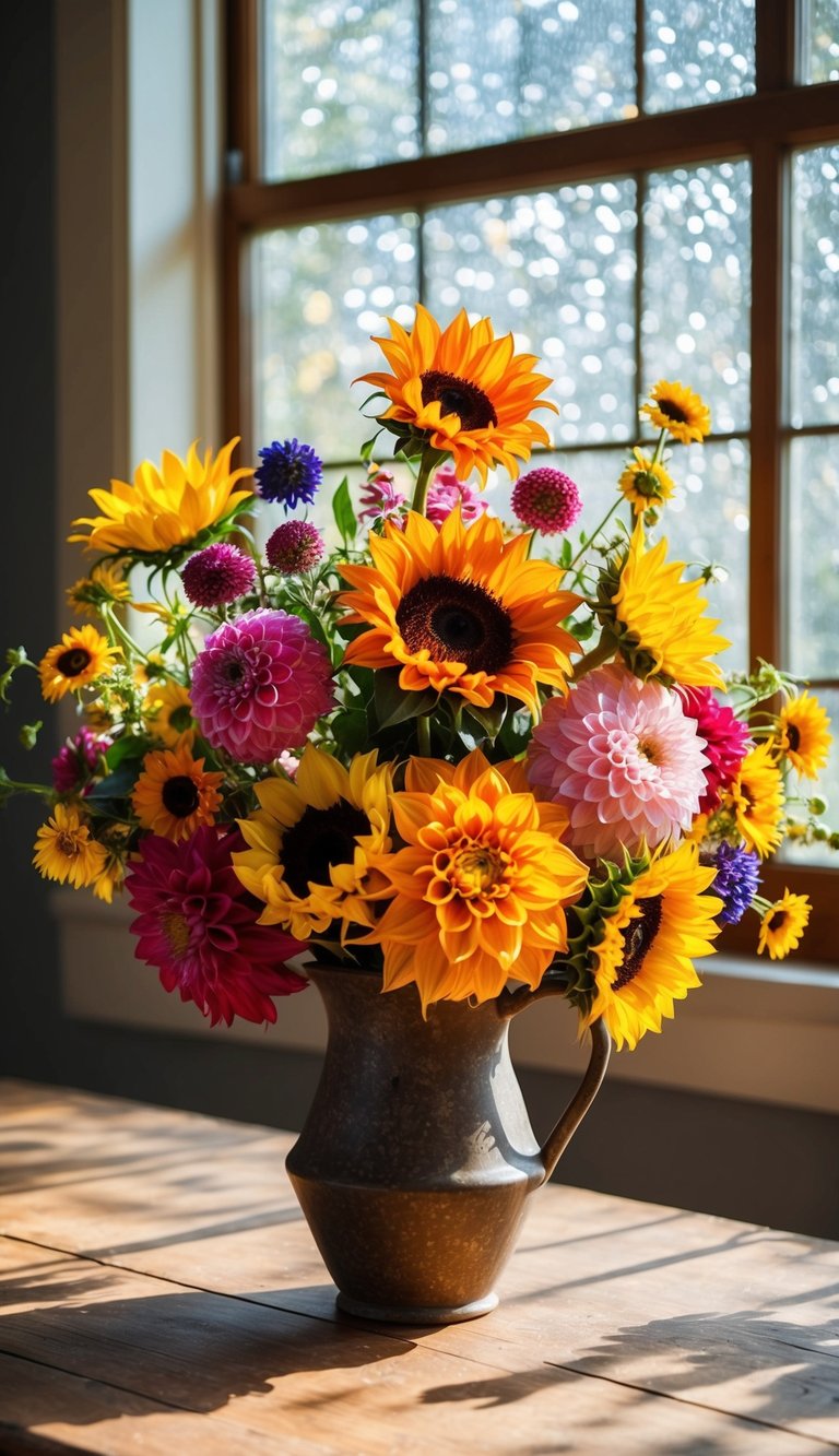A colorful array of dahlias, sunflowers, and wildflowers arranged in a rustic vase on a wooden table, with dappled sunlight streaming through a window
