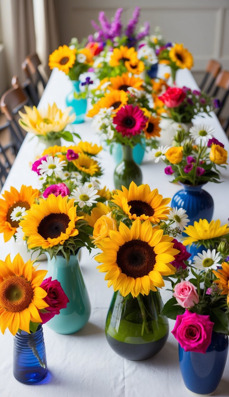 A table with 20 vibrant flower arrangements in a variety of vases, featuring summer blooms like sunflowers, daisies, and roses
