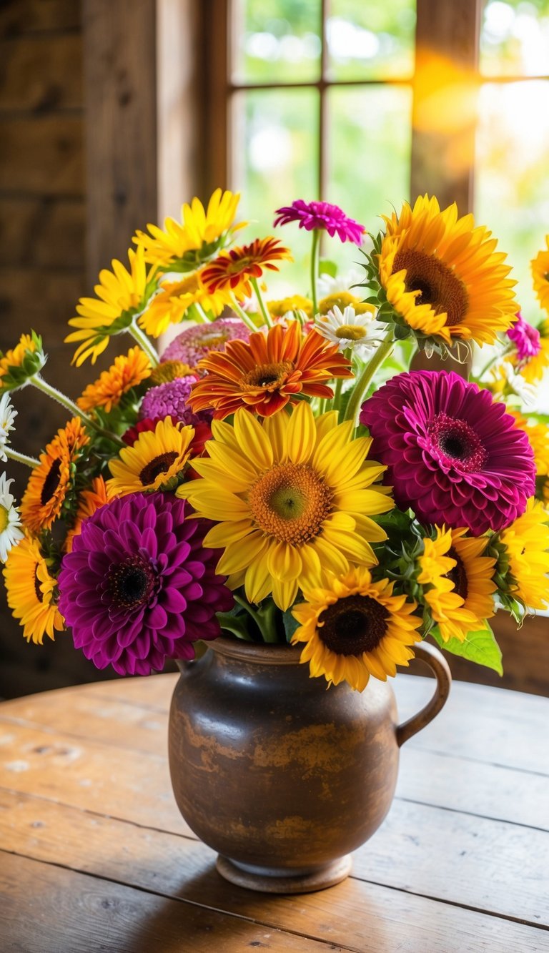 A vibrant array of zinnias, daisies, sunflowers, and other summer blooms arranged in a rustic vase on a wooden table. Sunshine streams through a nearby window, casting a warm glow on the colorful display
