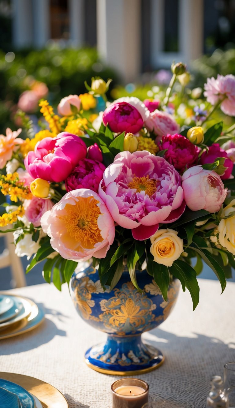 A vibrant array of peonies, roses, and other summer blooms arranged in a decorative vase on a sunlit table