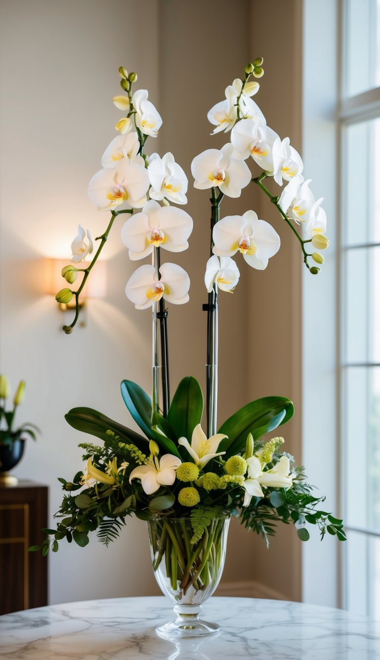 A sophisticated arrangement of orchids, lilies, and greenery in a tall glass vase, set on a marble table with soft natural lighting