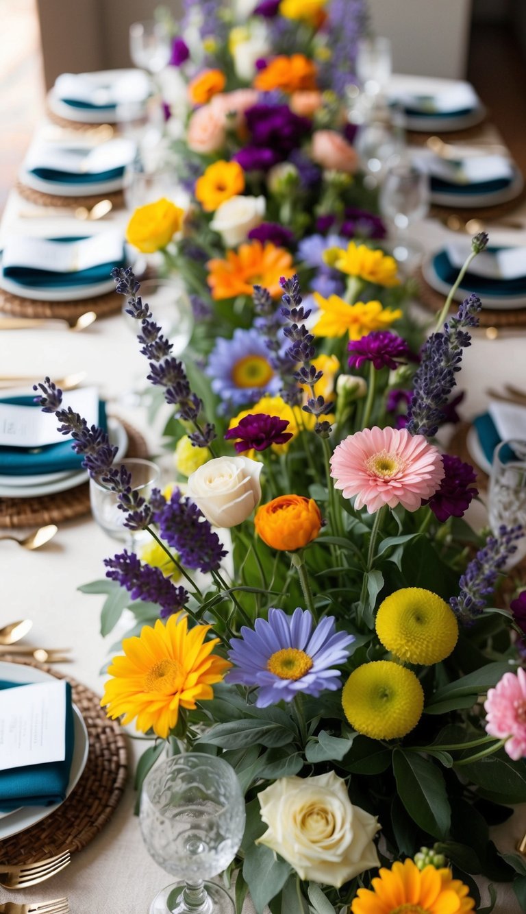 A table adorned with a variety of colorful summer flowers, including lavender, arranged in a beautiful and elegant display