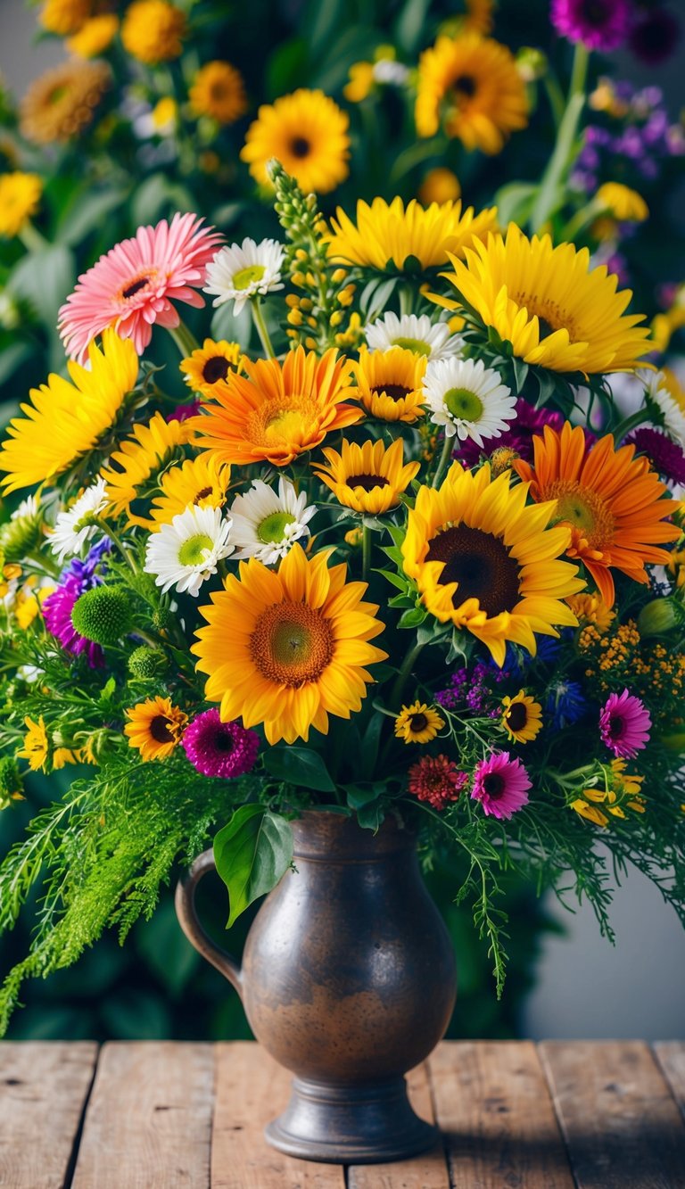 A vibrant array of chrysanthemums, daisies, and sunflowers arranged in a rustic vase, with lush greenery and pops of colorful wildflowers