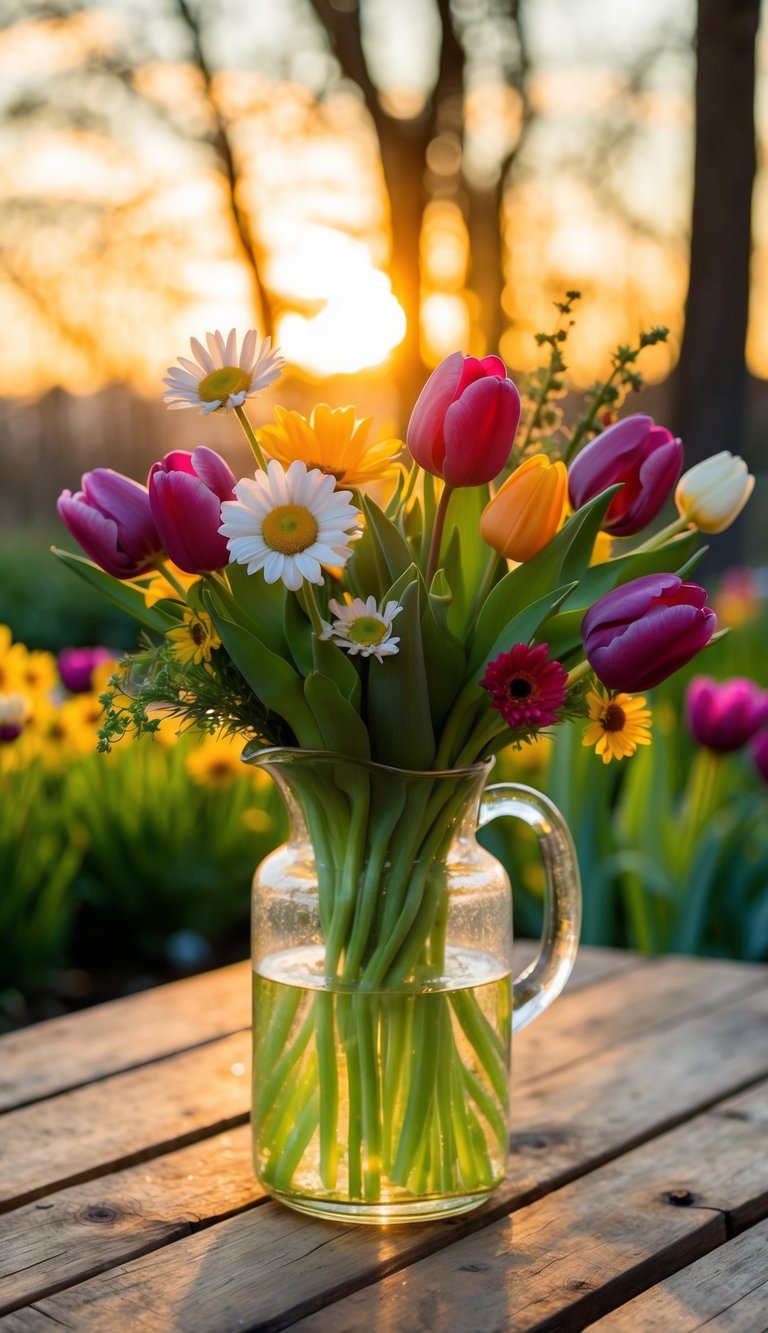 A glass vase filled with a vibrant mix of tulips, daisies, and wildflowers sits on a rustic wooden table, illuminated by the warm glow of the setting sun