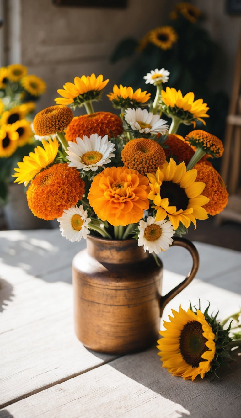 A vibrant array of marigolds, daisies, and sunflowers arranged in a rustic vase on a sunlit table