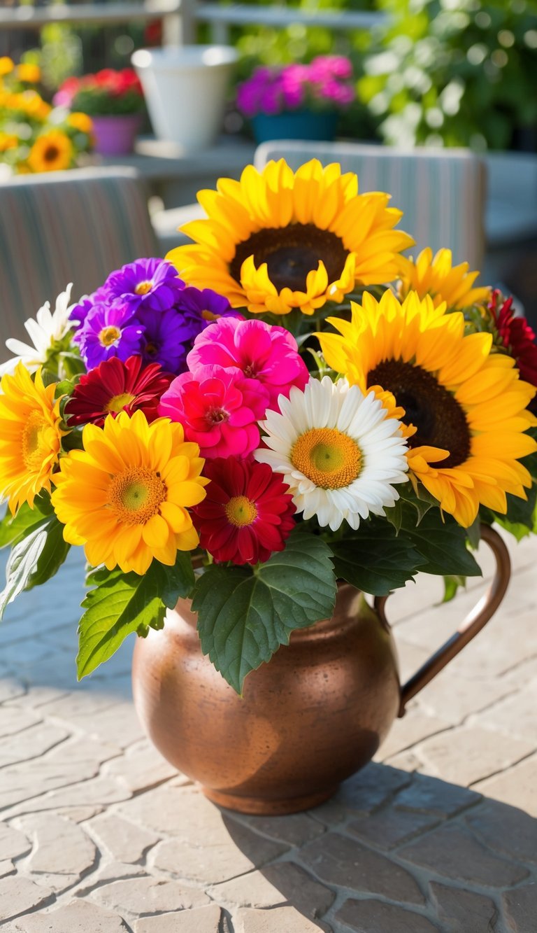 A colorful array of begonias, daisies, and sunflowers arranged in a rustic vase on a sunlit patio table