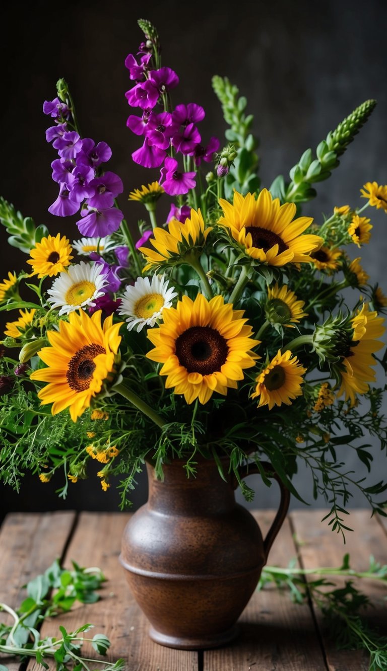 A vibrant bouquet of snapdragons, daisies, and sunflowers in a rustic vase. Wildflowers and greenery spill out in a natural, asymmetrical arrangement