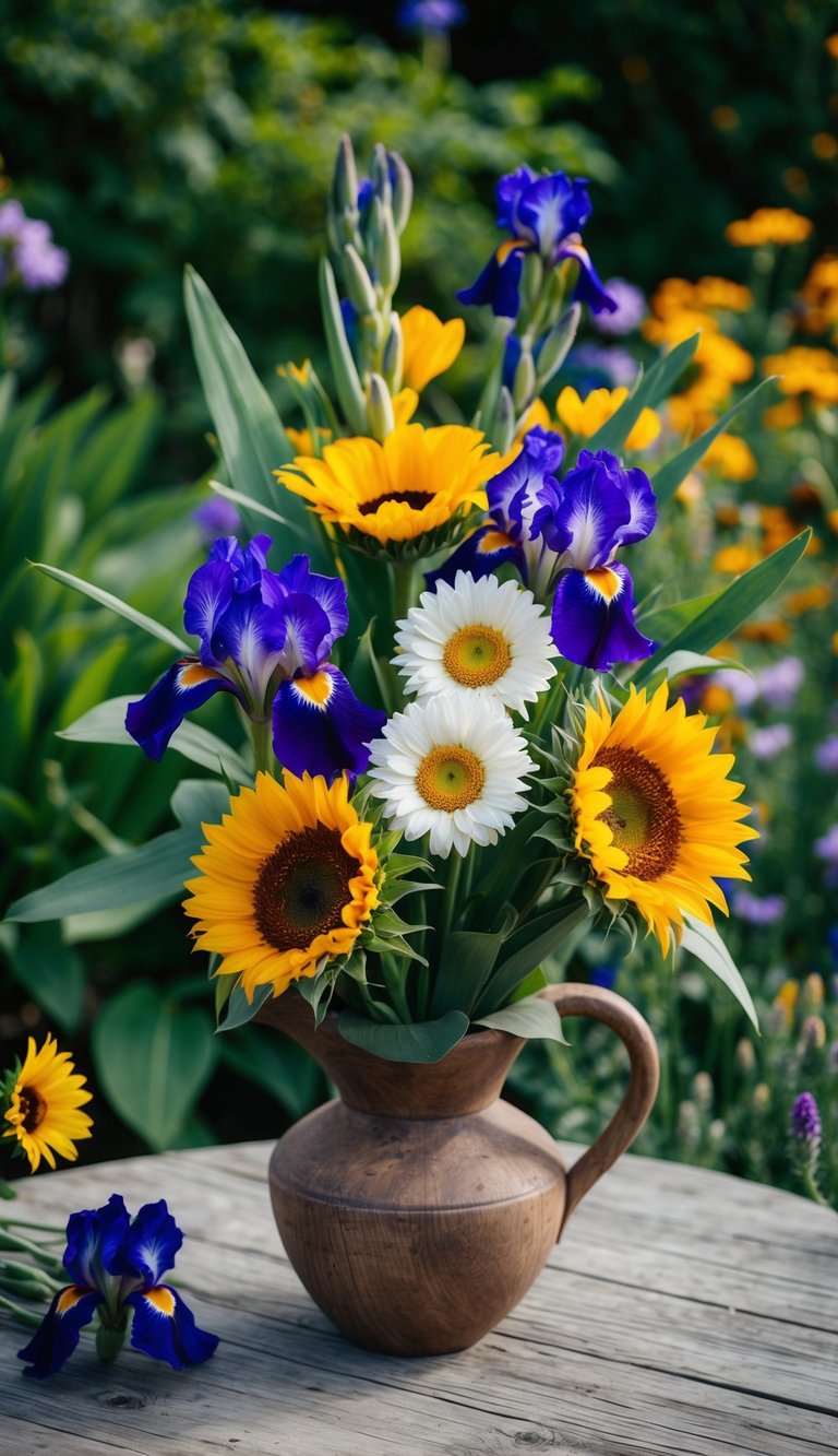 A vibrant array of irises, daisies, and sunflowers arranged in a rustic wooden vase, set against a backdrop of lush green foliage and blooming wildflowers