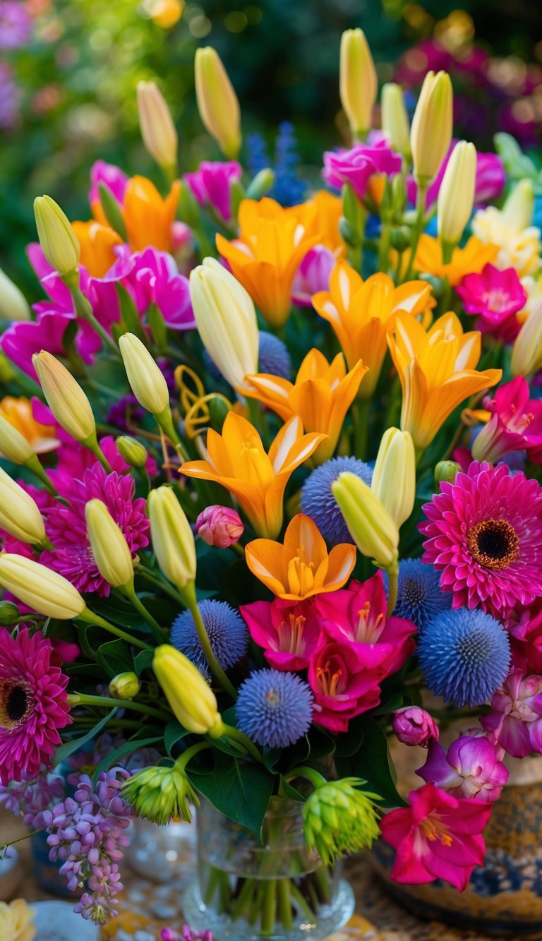 A vibrant array of summer flowers, including Freesias, arranged in a whimsical and dreamy manner, with a mix of colors and textures