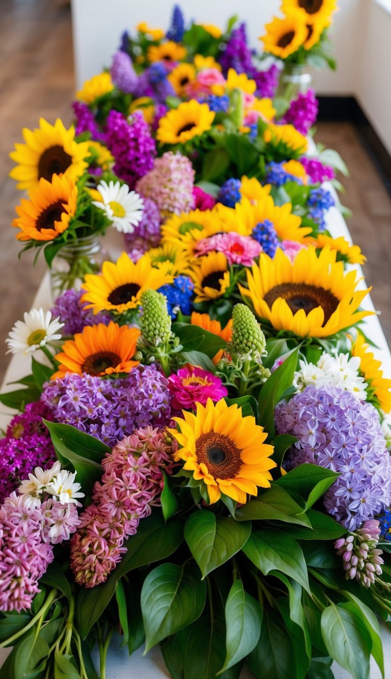 A table covered in a variety of colorful summer flowers, including lilacs, daisies, and sunflowers arranged in a beautiful and vibrant display
