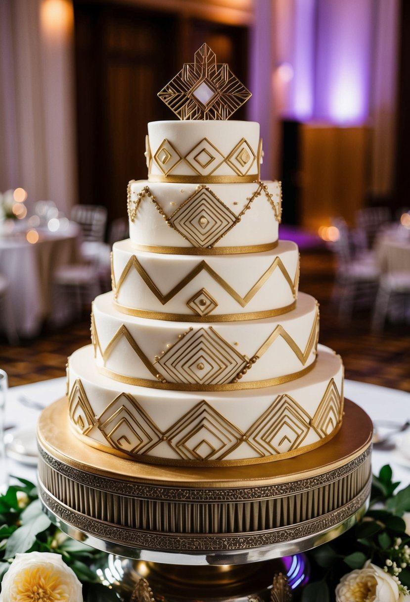 A tiered Art Deco cake with geometric patterns, adorned with vintage details, set on a decorative stand at a wedding reception