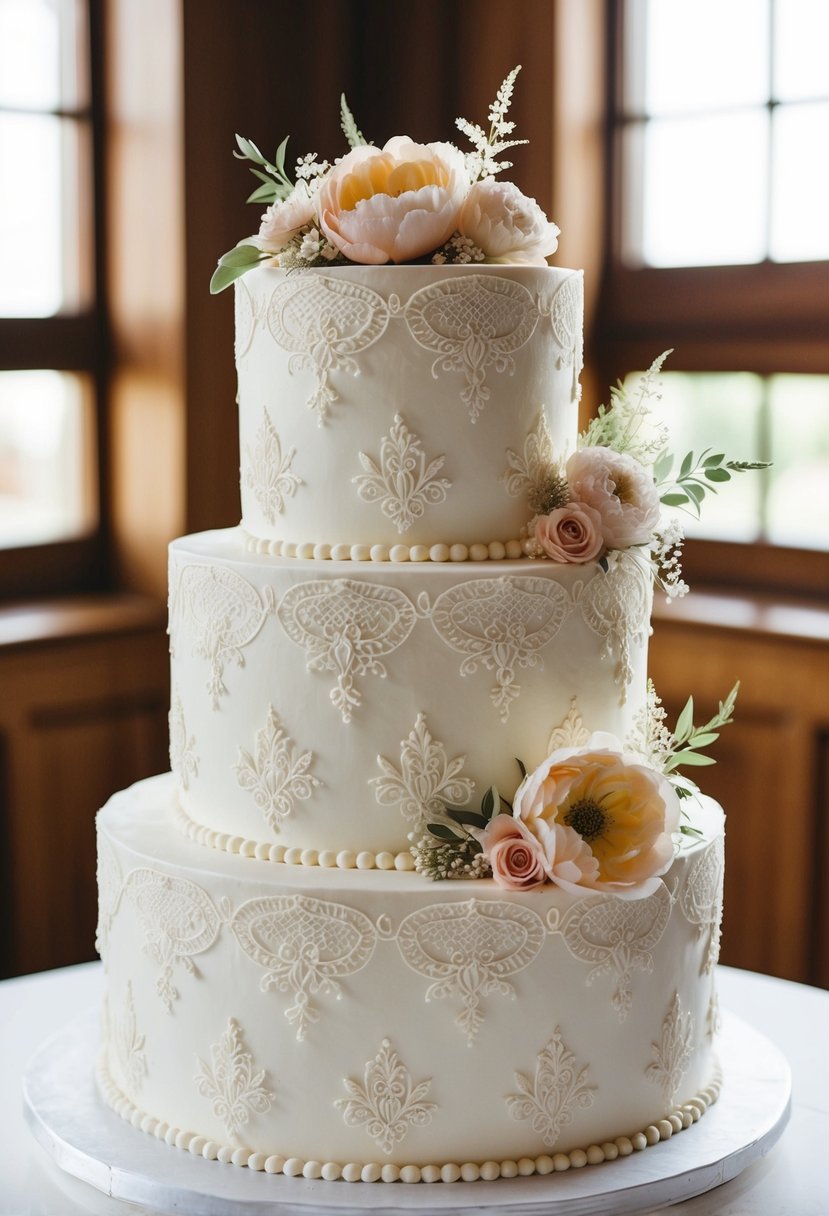 A tiered lace wedding cake with delicate floral details and 1940s vintage aesthetic