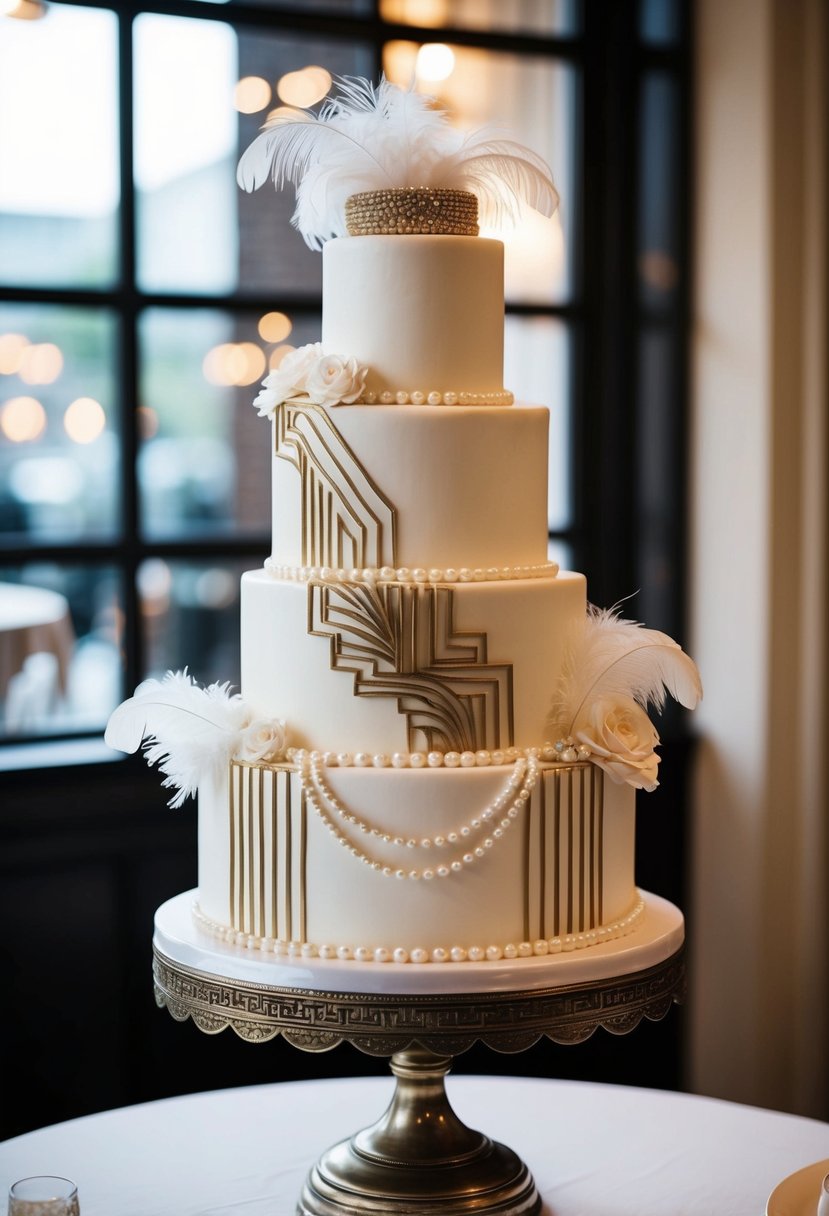 A tiered wedding cake adorned with 1920s glam elements - feathers, pearls, and art deco patterns - displayed on a vintage stand
