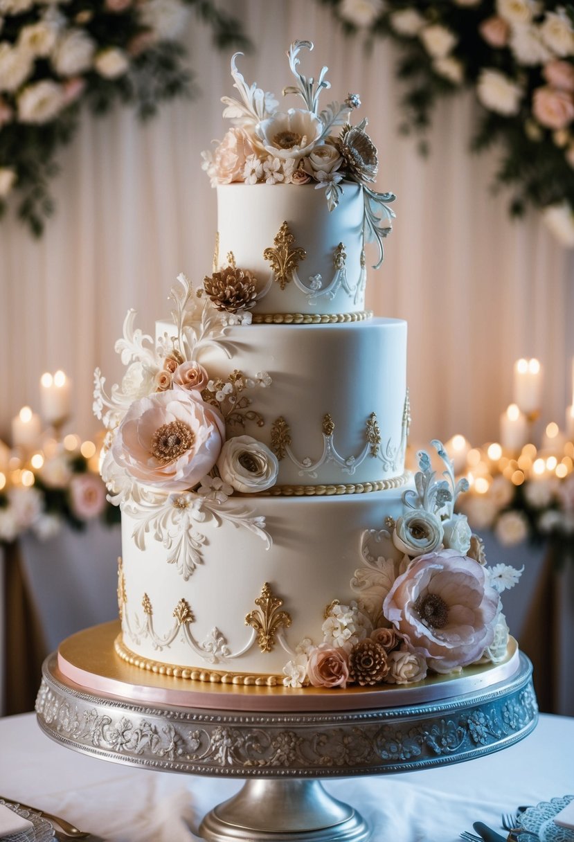 A lavish baroque floral cake adorned with intricate details and elegant vintage elements, set against a romantic backdrop