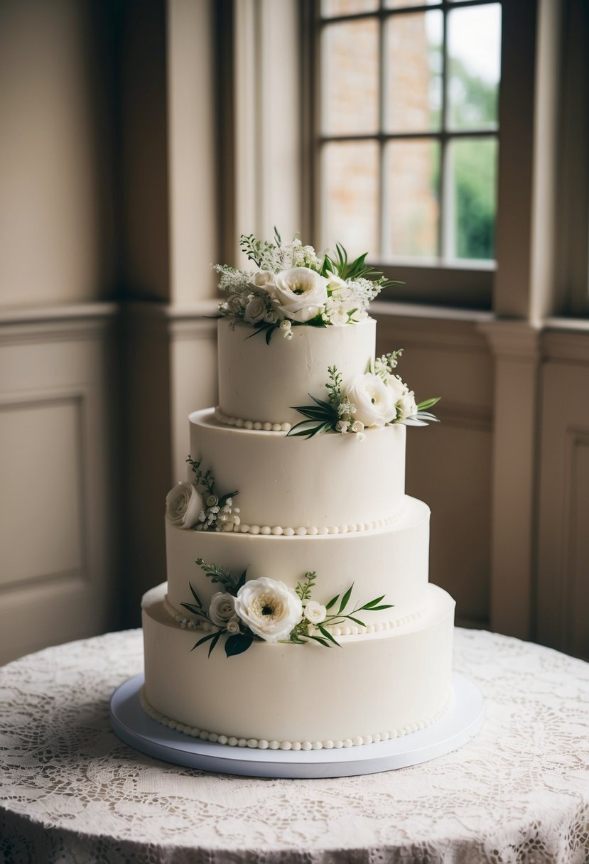 A three-tiered white wedding cake adorned with delicate floral decorations sits on a vintage lace tablecloth