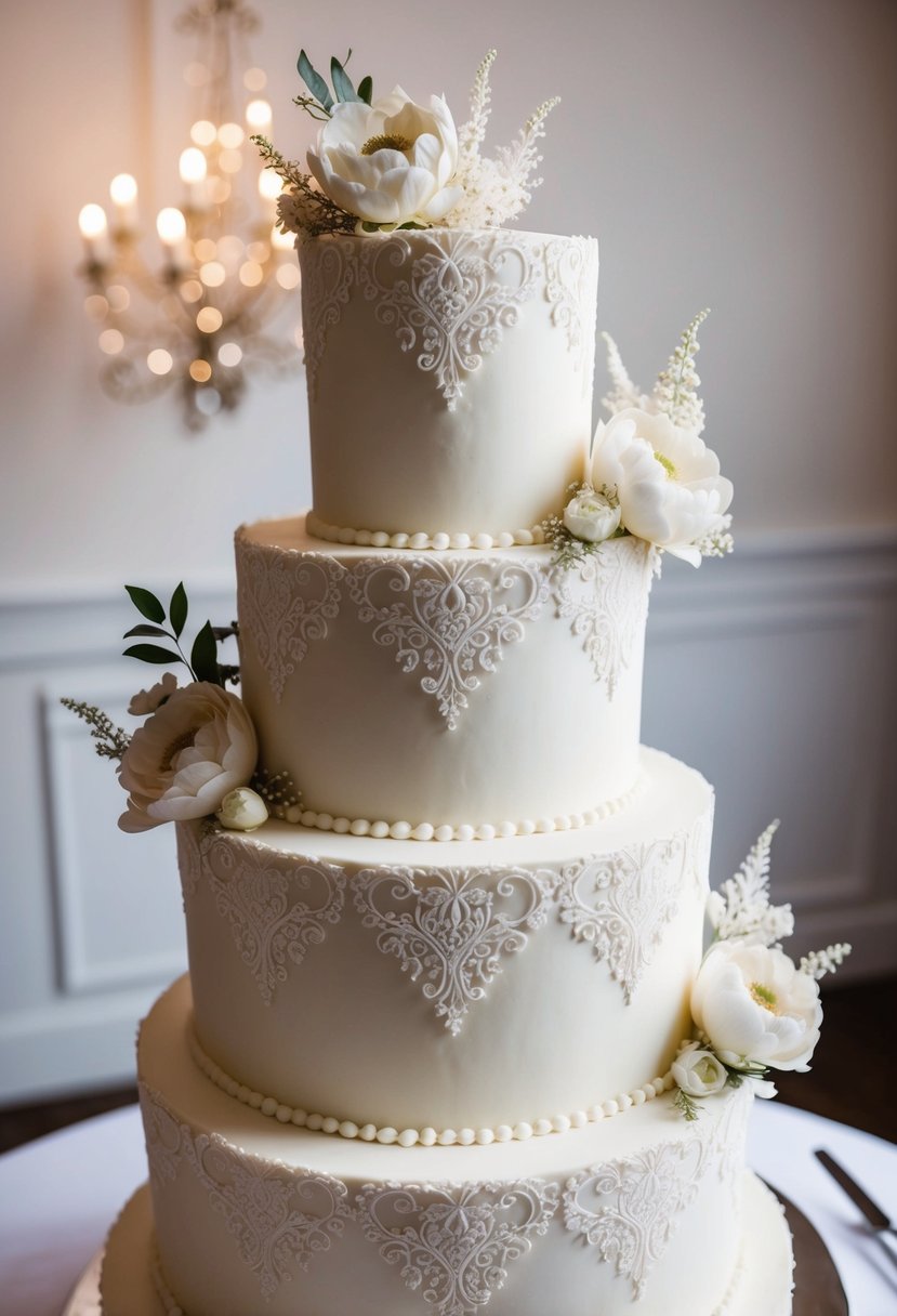 A tiered wedding cake adorned with intricate Rococo lace design and delicate floral accents