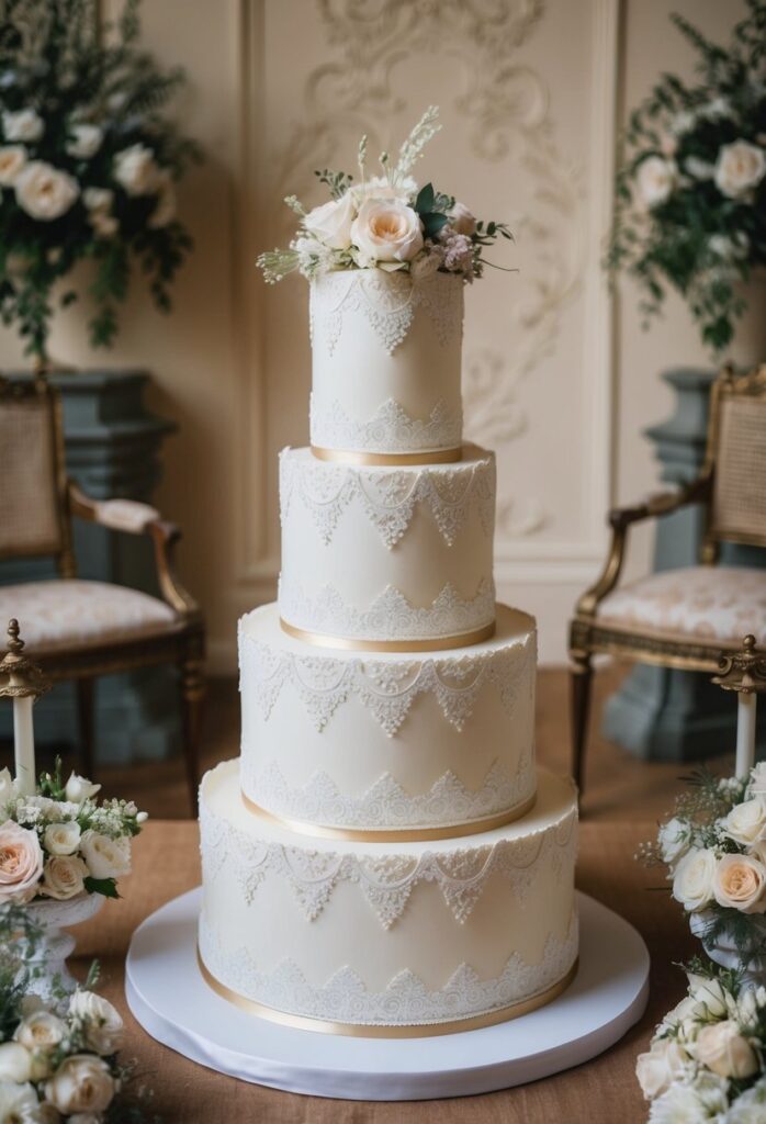 An ornate, multi-tiered Edwardian style wedding cake adorned with intricate lace and floral designs, surrounded by vintage decor and antique furniture