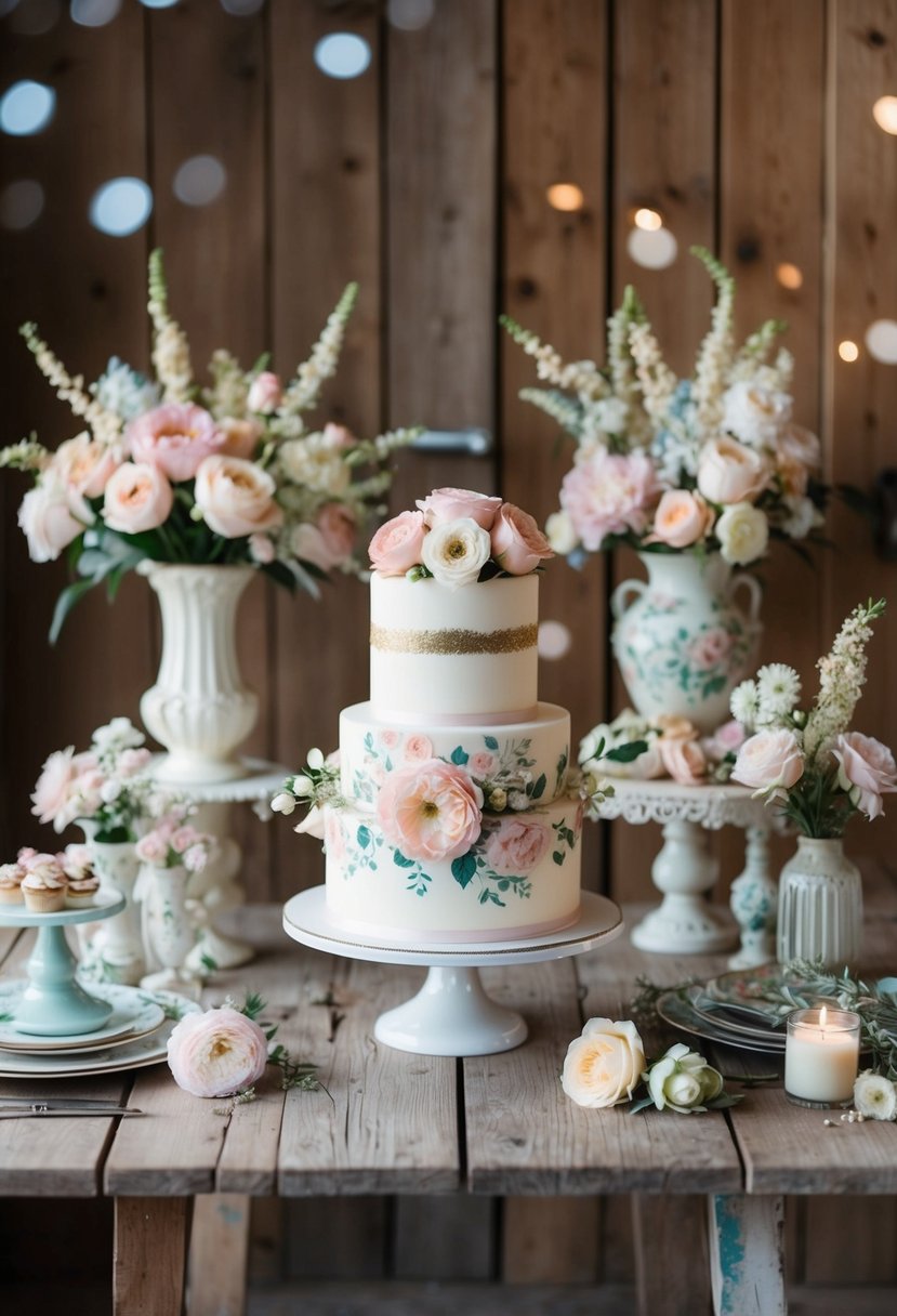 A rustic wooden table adorned with a shabby chic floral wedding cake surrounded by vintage decor and soft pastel flowers