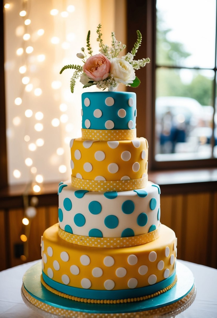 A three-tiered polka dot cake with retro patterns, adorned with vintage wedding decor