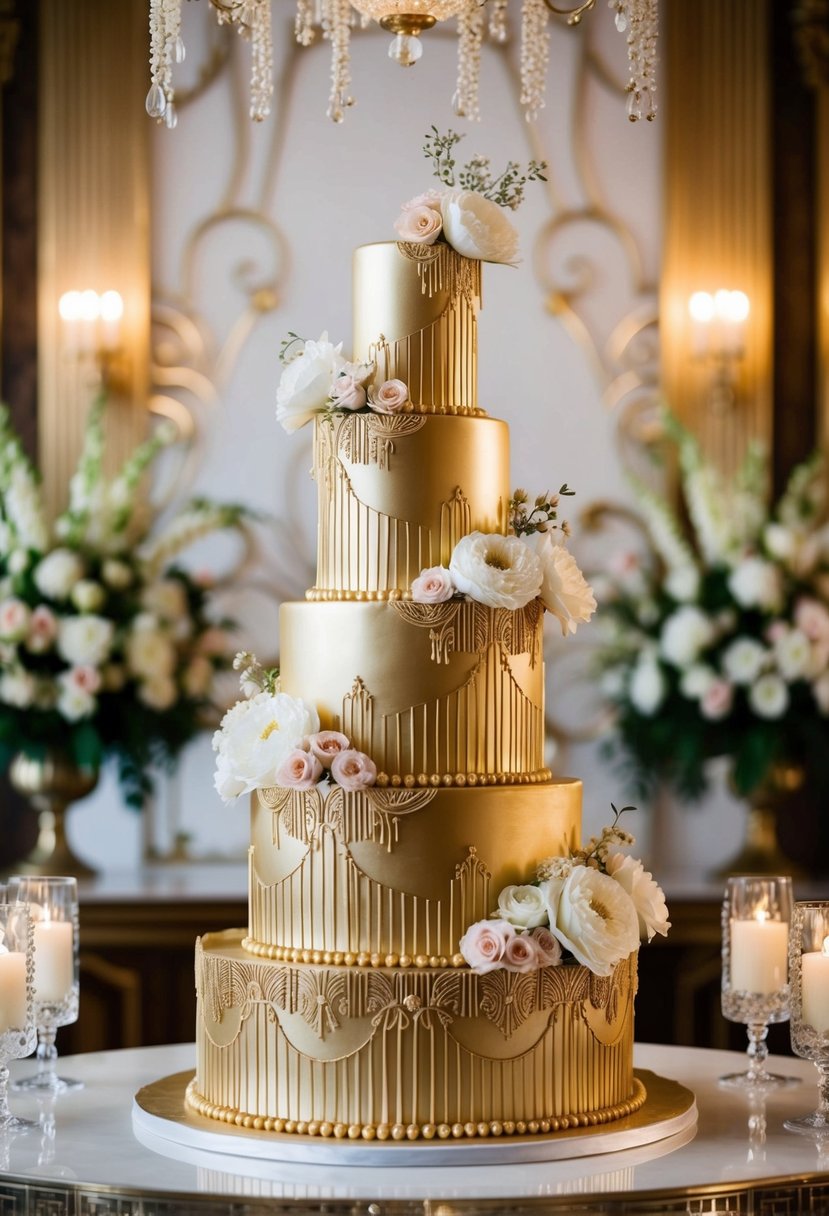 A lavish gold-tiered cake adorned with intricate art deco details and cascading flowers, set against a backdrop of opulent 1920s decor