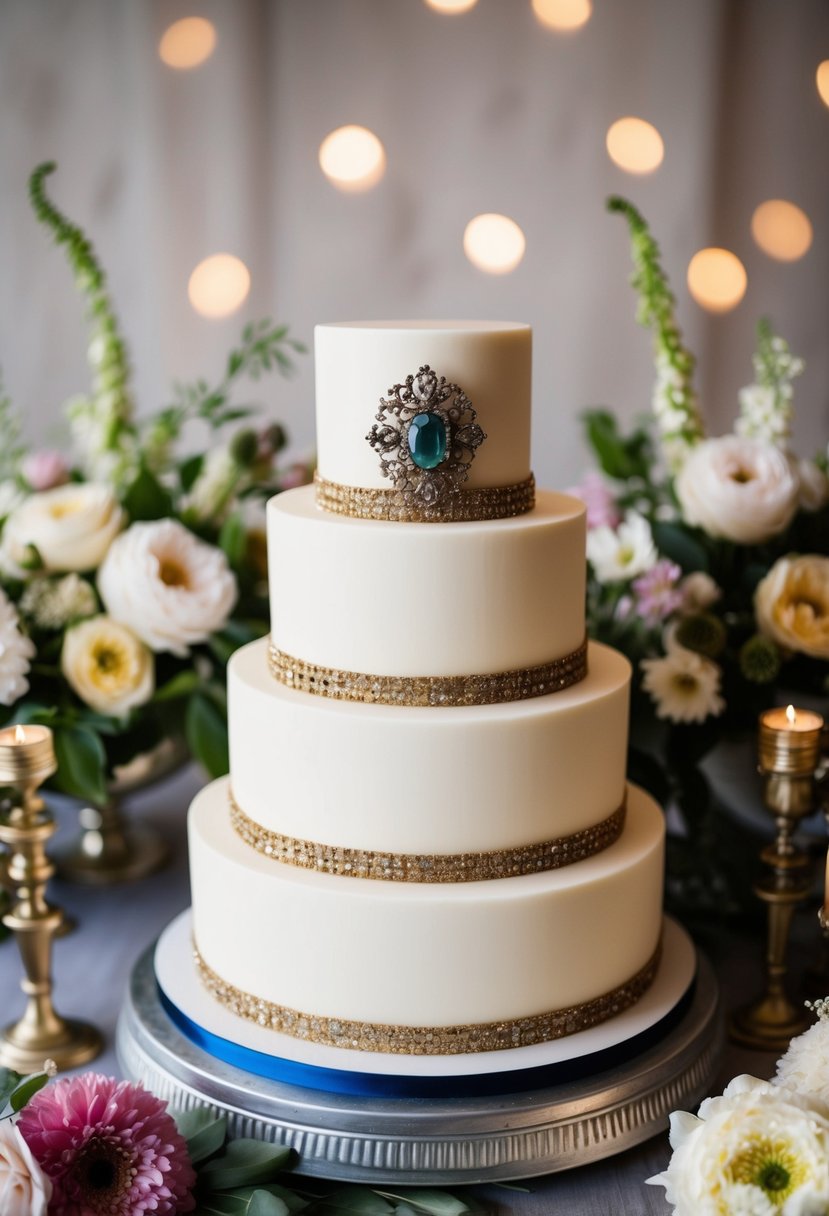 A tiered wedding cake adorned with an antique brooch, surrounded by vintage decor and floral arrangements