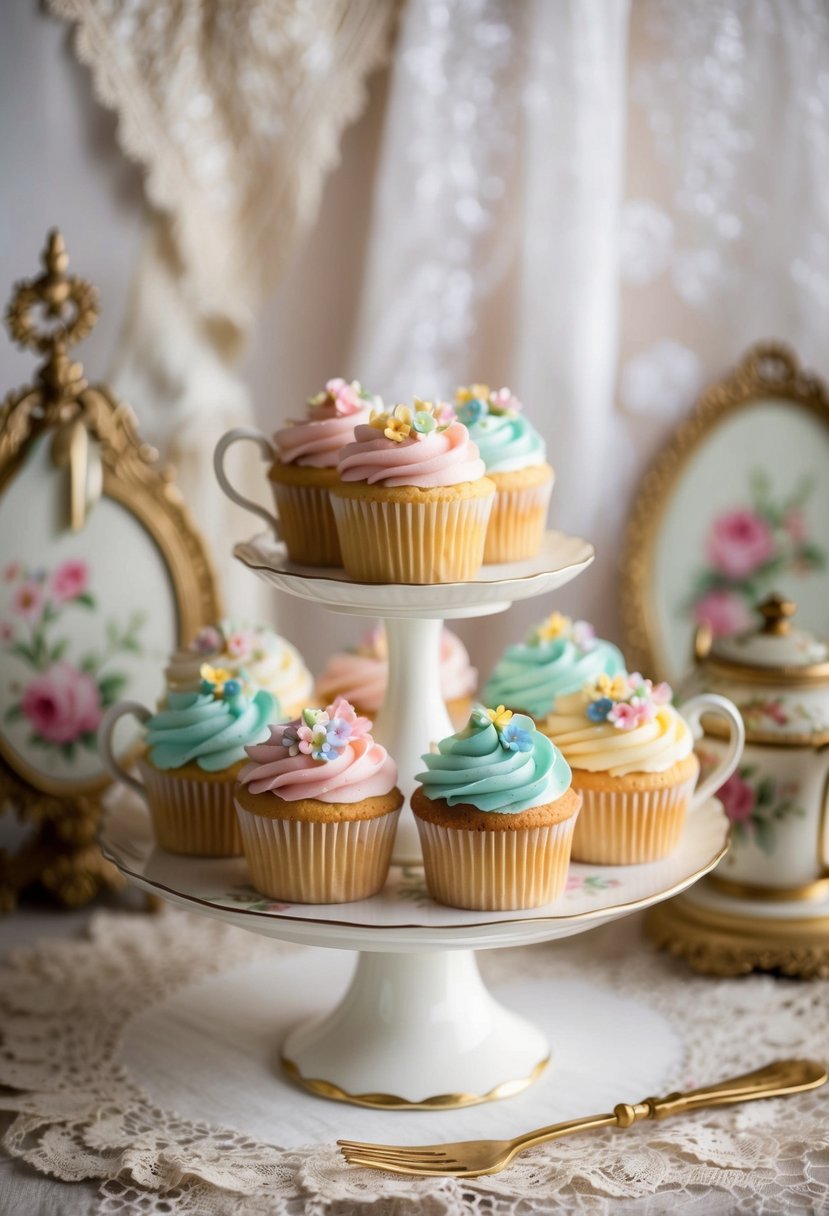 A delicate vintage teacup cake stand adorned with pastel-colored floral cupcakes, set against a backdrop of lace and antique decor