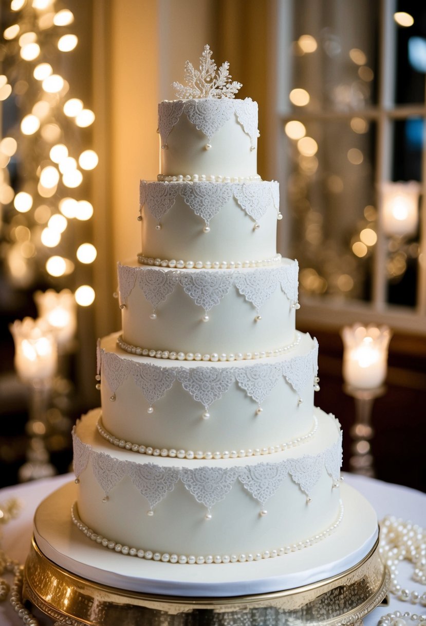 A tiered wedding cake adorned with intricate lace and pearls, surrounded by vintage Hollywood glamour decor and soft, romantic lighting
