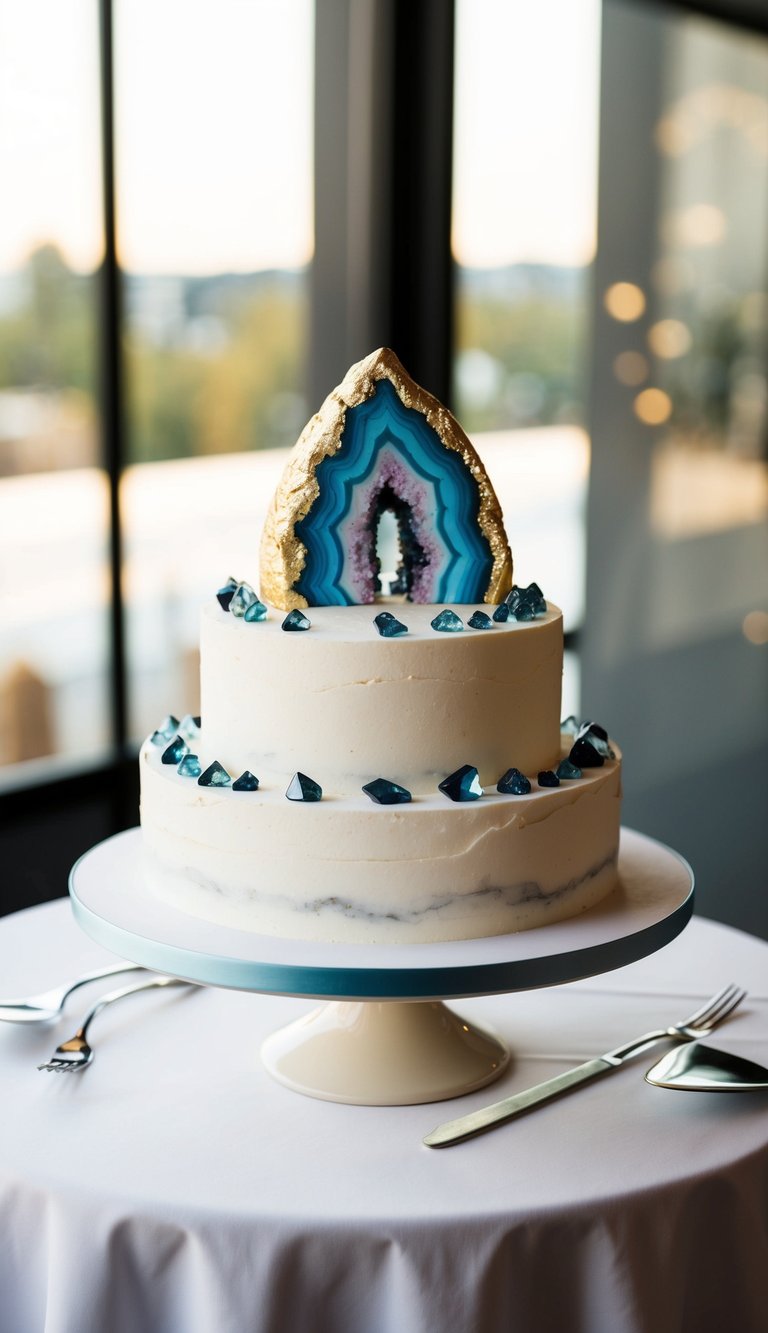 A geode-inspired wedding cake adorned with edible crystals, set on a simple yet elegant display stand