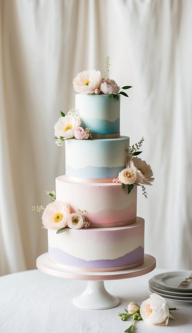 A three-tiered pastel watercolor wedding cake adorned with delicate flowers and elegant piping, set against a soft, romantic backdrop