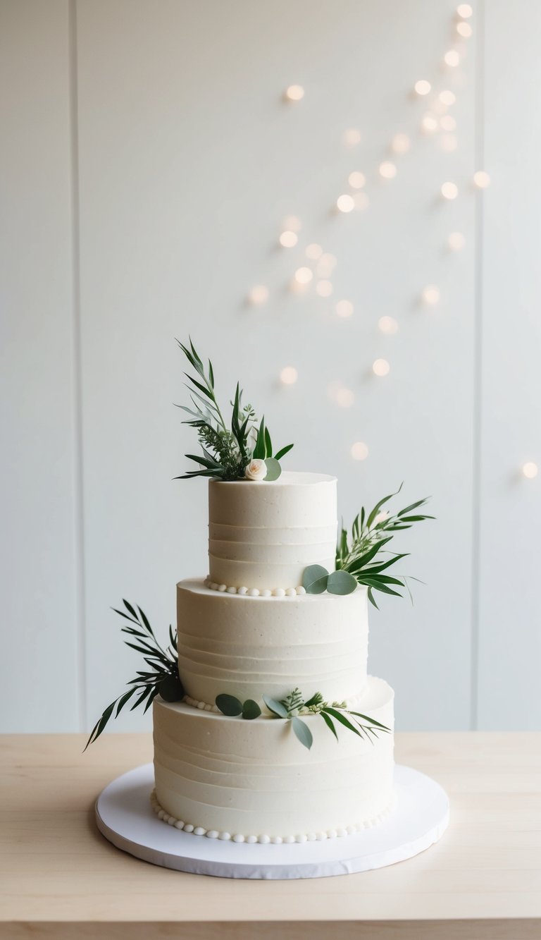 A three-tiered white cake adorned with simple greenery, set against a clean, minimalist backdrop