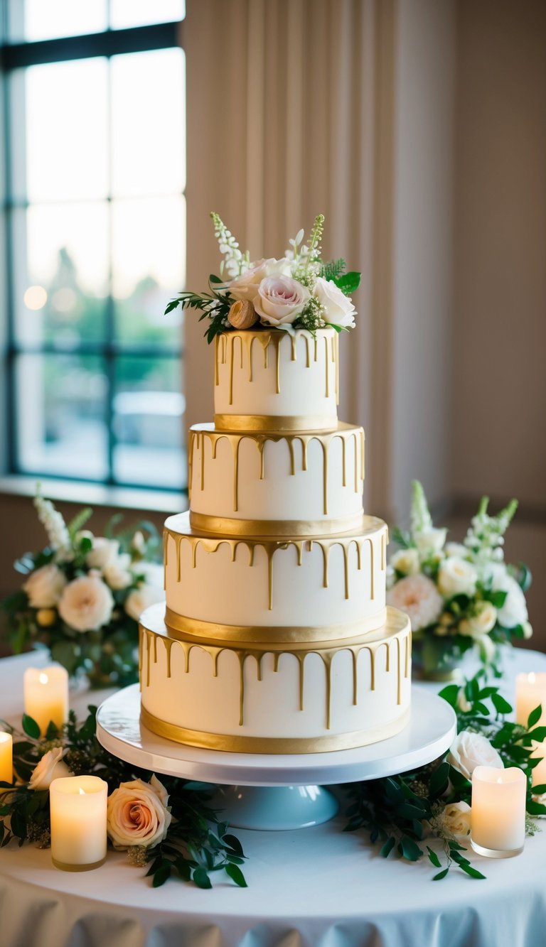 A three-tiered drip cake adorned with gold accents, surrounded by elegant floral arrangements and soft candlelight