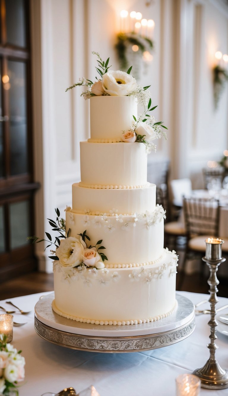 A three-tiered wedding cake adorned with delicate floral accents sits on a table, surrounded by elegant decor