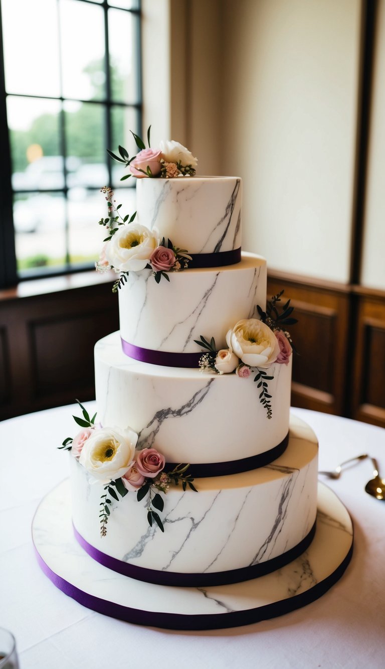 A three-tiered marble effect wedding cake adorned with elegant floral decorations