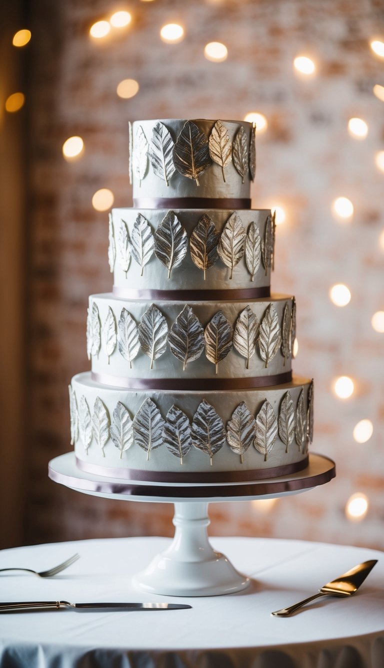 A three-tier metallic leaf wedding cake on a white stand