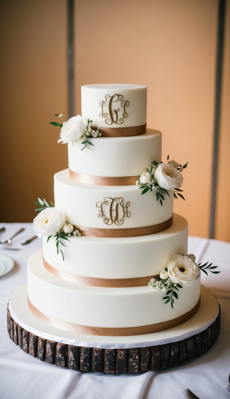 A three-tiered wedding cake with monogrammed initials, adorned with simple yet elegant floral decorations