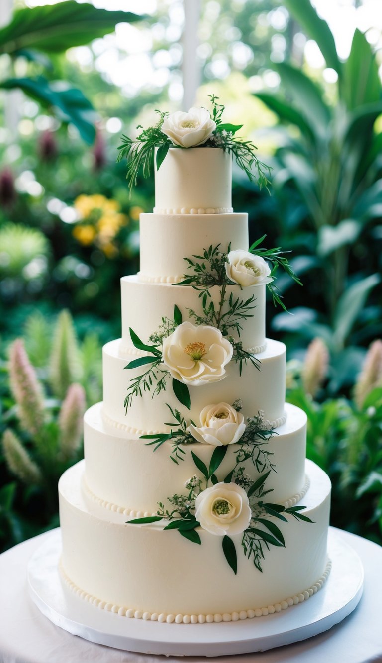 A tiered wedding cake adorned with delicate sugar flowers and greenery, set against a backdrop of lush botanical gardens