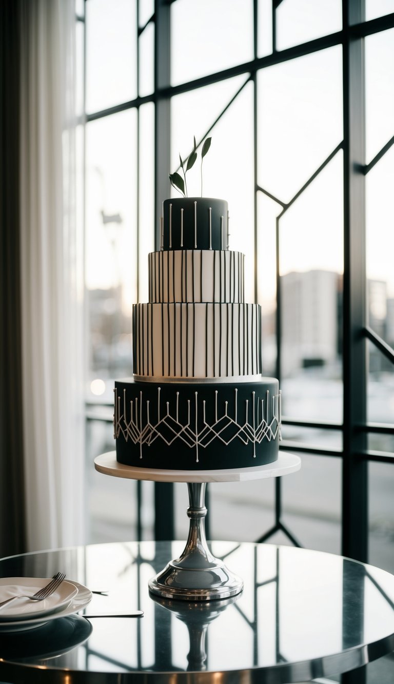 A tiered black and white Art Deco wedding cake stands on a sleek table, with geometric patterns and elegant details
