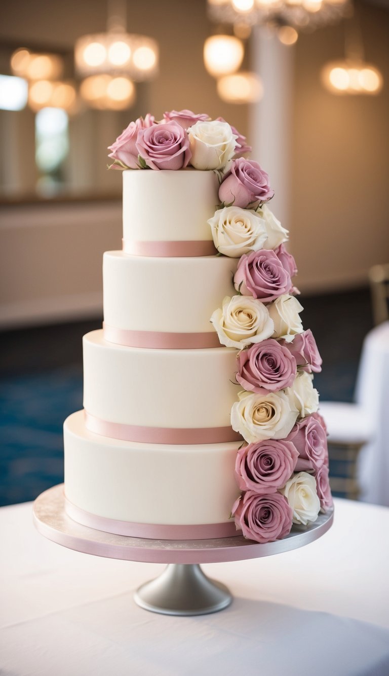A three-tiered wedding cake adorned with cascading roses in shades of pink and white, set on a simple yet elegant cake stand