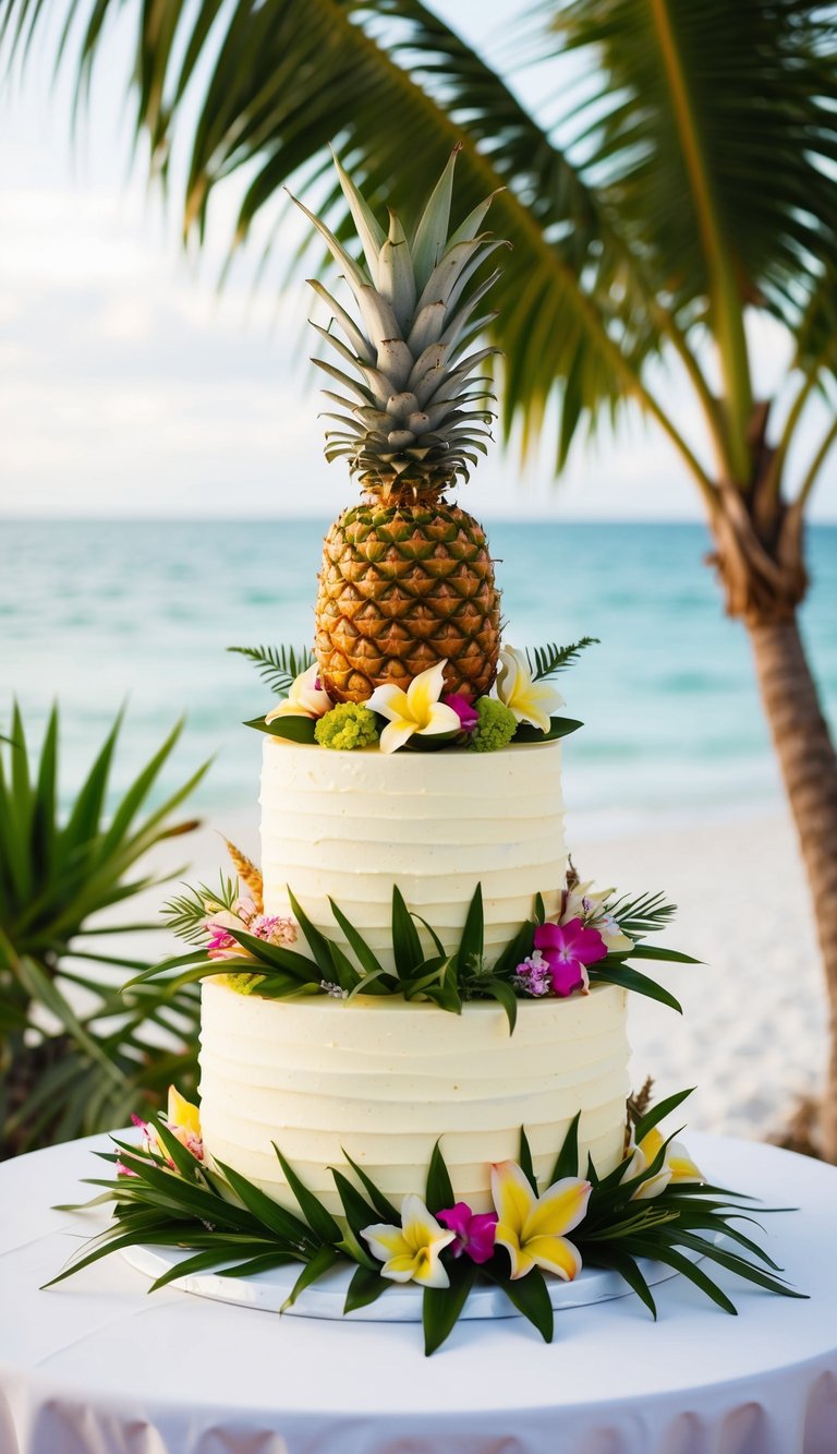 A three-tiered pineapple wedding cake adorned with tropical flowers and greenery on a white table with a backdrop of palm leaves and a beach setting