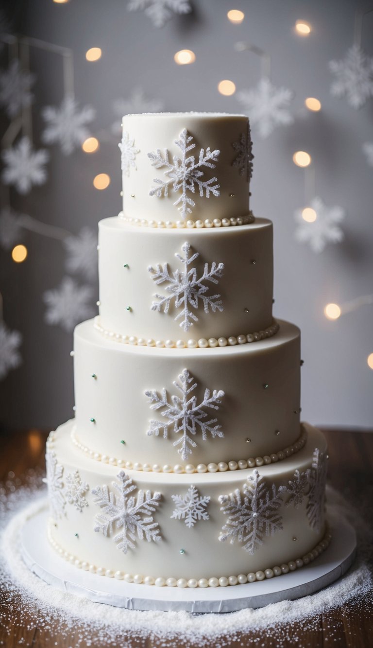 A three-tiered wedding cake covered in white fondant, adorned with intricate snowflake designs and shimmering edible pearls. Surrounding the cake are delicate snowflake decorations and a dusting of edible glitter, evoking a winter wonderland scene
