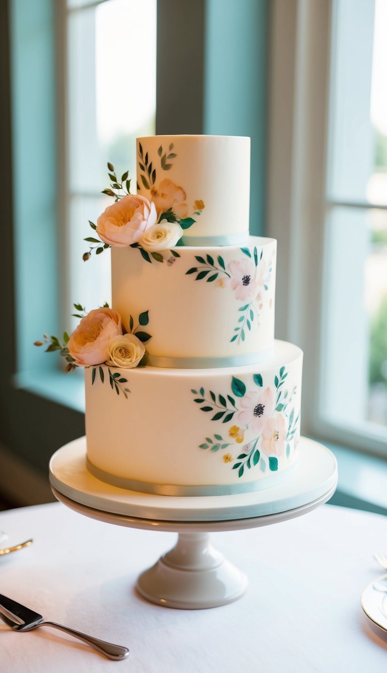 A three-tiered wedding cake adorned with hand-painted floral designs in soft pastel colors, set on a simple yet elegant cake stand