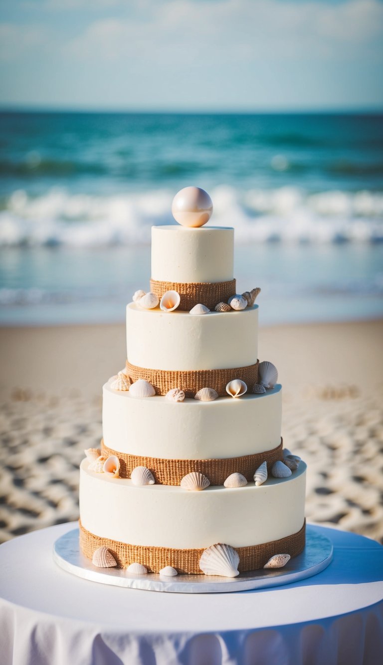 A three-tiered wedding cake adorned with seashells and a large pearl on top, set against a backdrop of soft ocean waves and sandy beach