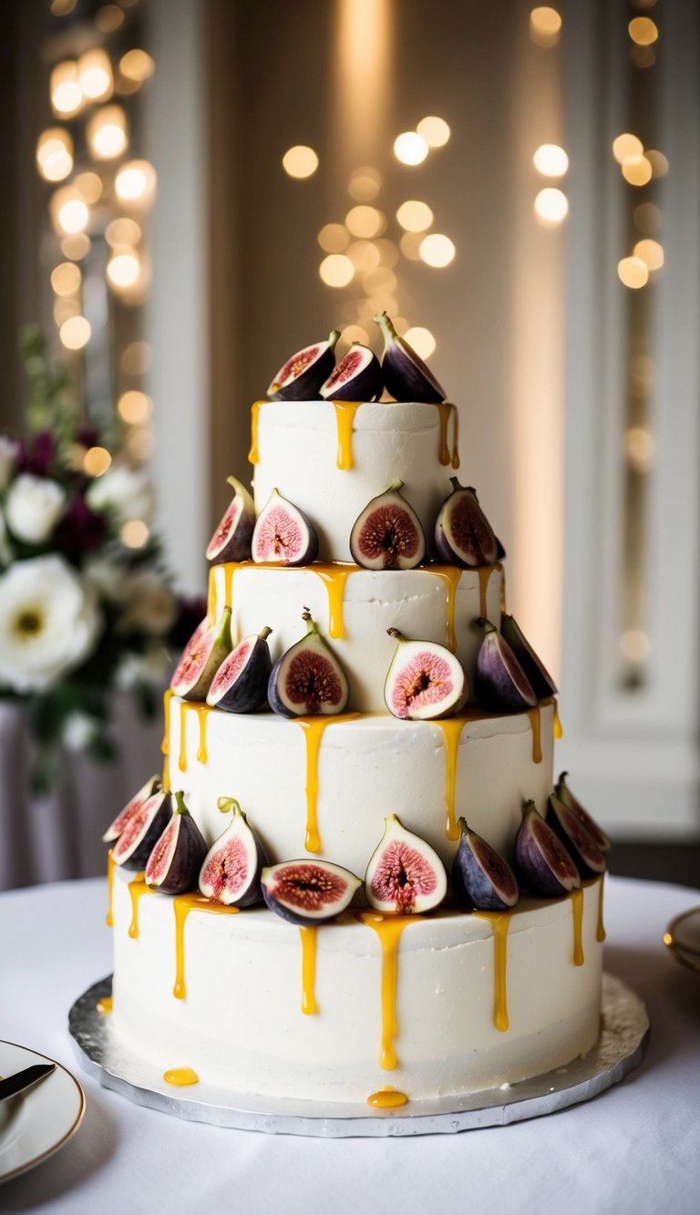 A tiered wedding cake adorned with fresh figs and drizzled with honey, set against a backdrop of elegant decor