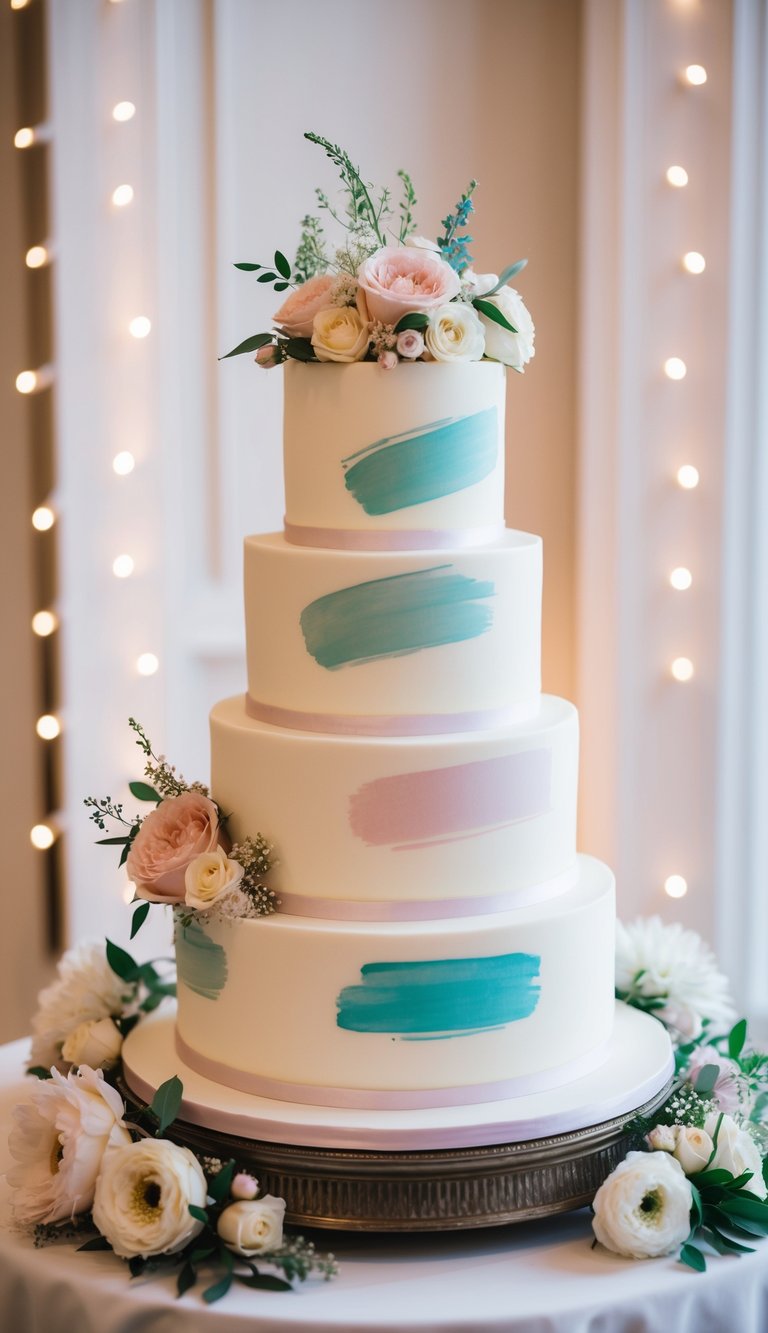 A three-tiered wedding cake adorned with artistic brushstroke designs in soft pastel colors, surrounded by elegant floral arrangements and delicate lighting