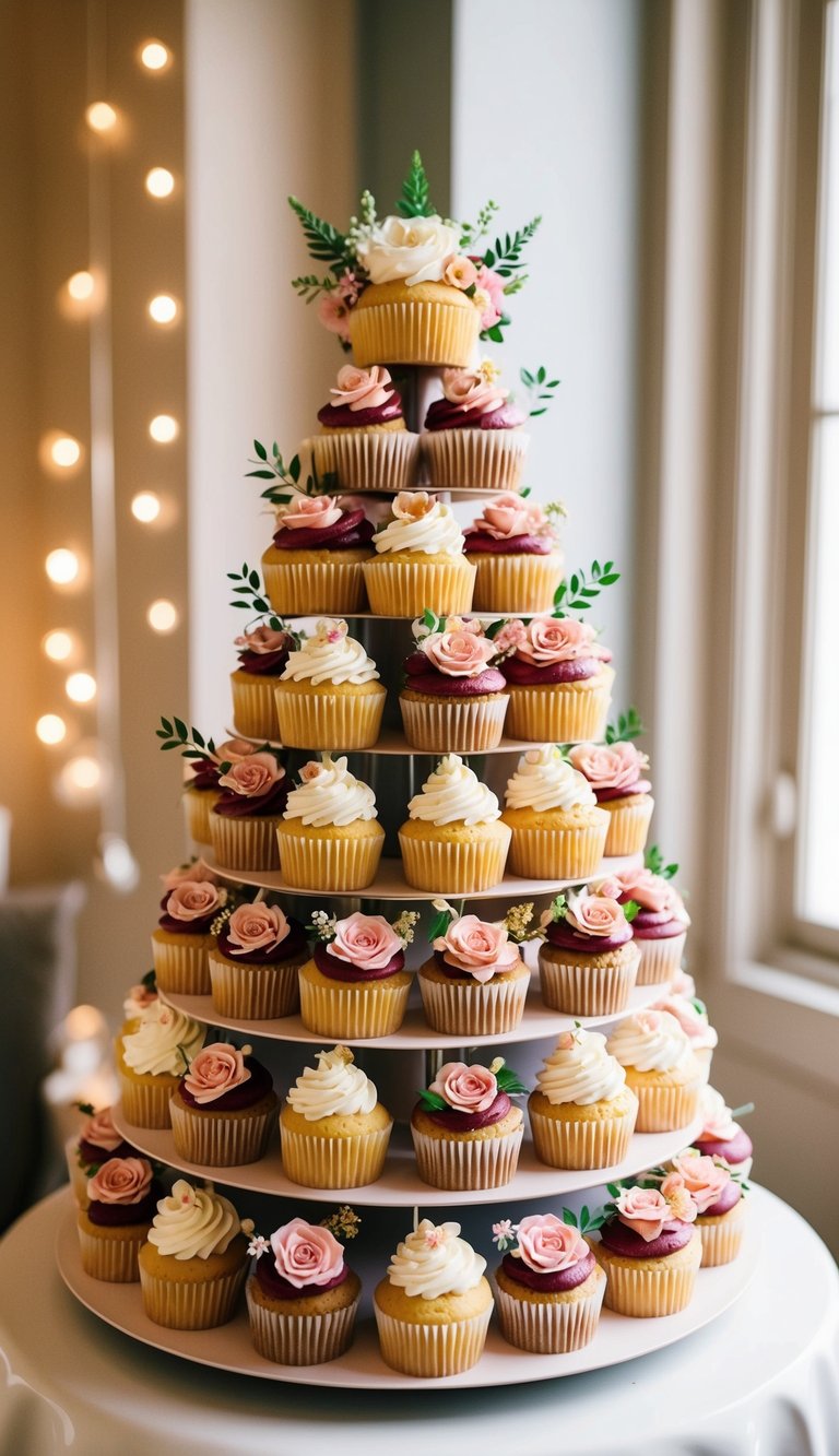 A whimsical tower of cupcakes adorned with elegant floral decorations