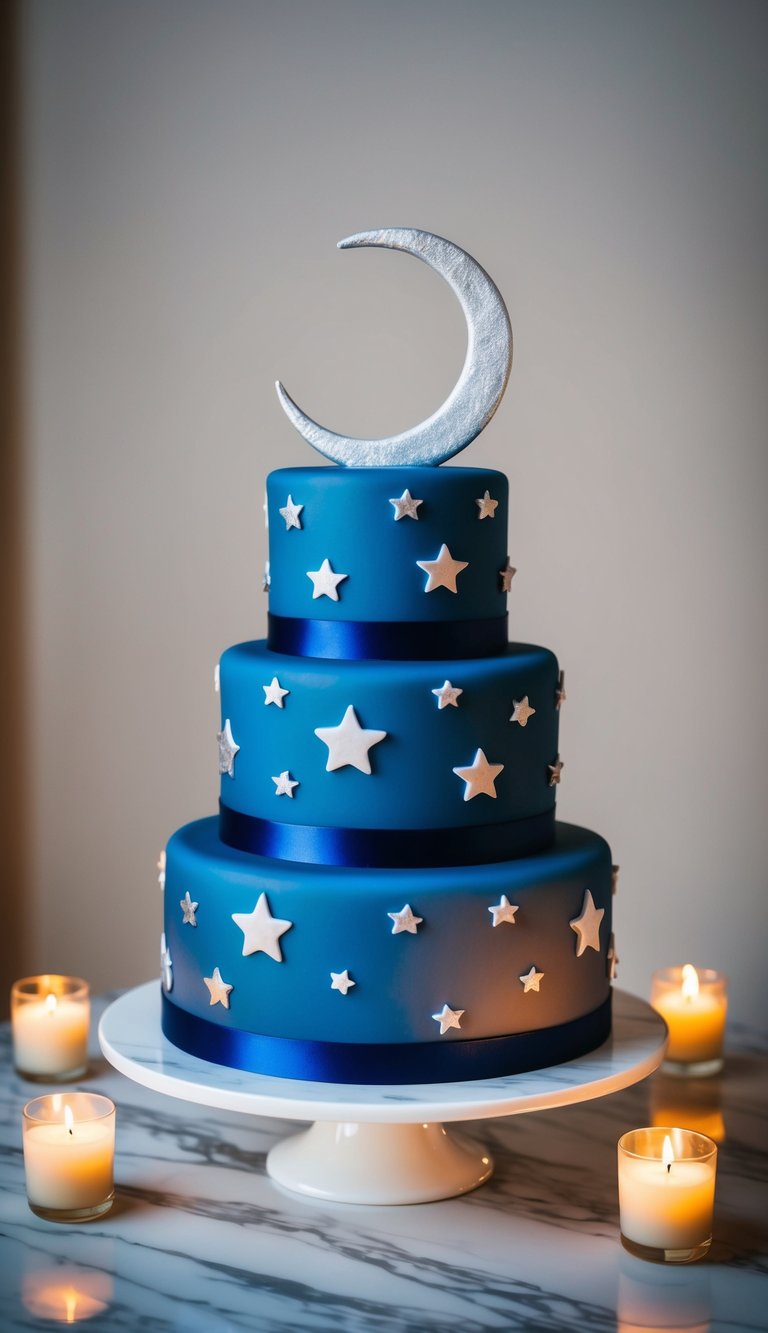 A three-tiered cake adorned with midnight blue fondant, silver stars, and a crescent moon topper sits on a marble table with soft candlelight