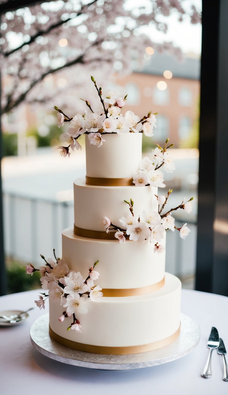 A three-tiered wedding cake adorned with delicate cherry blossoms and elegant white icing